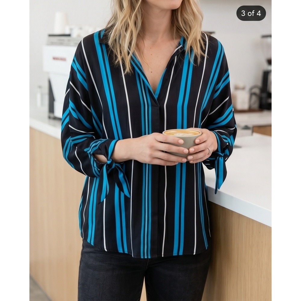 Worthington Womens Striped Tie Sleeve V-Neck Blouse XL Black Blue Stripe‎ NWT